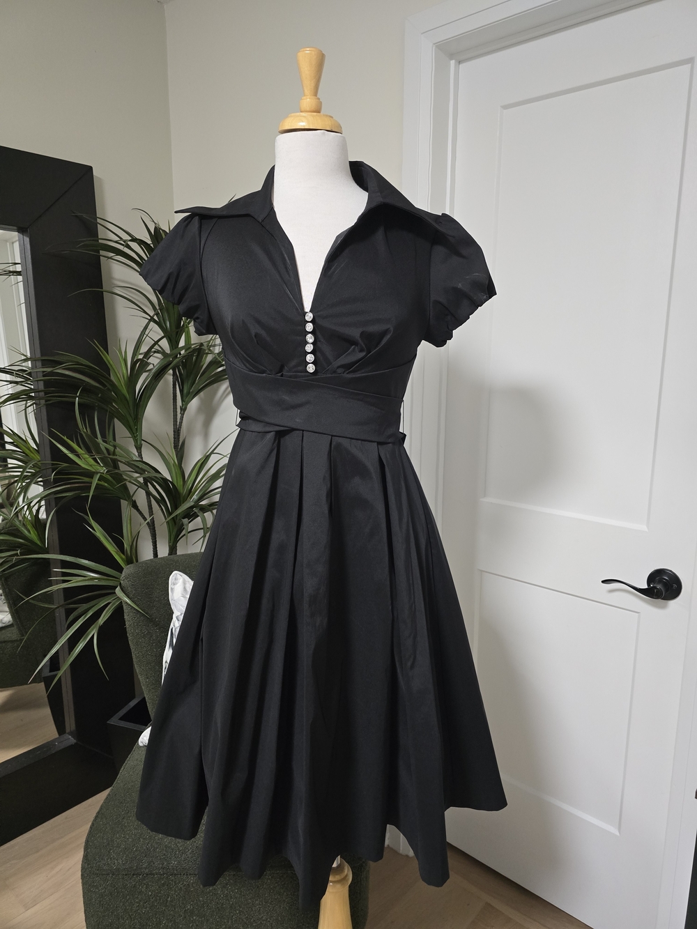 Classic Black Fit-and-Flare Dress with Button Detail
